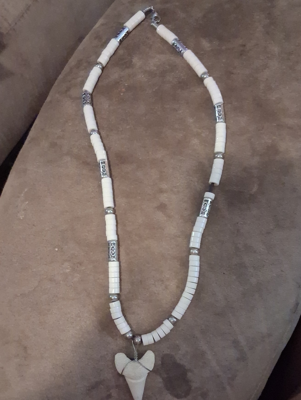 White Beaded Shark Tooth Pendant Necklace - Women Jewelry